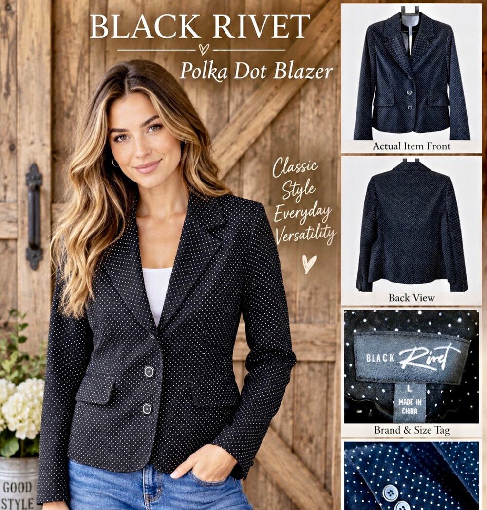 Black Rivet Women’s Blazer L Black Polka Dot Button Pockets Lined Short